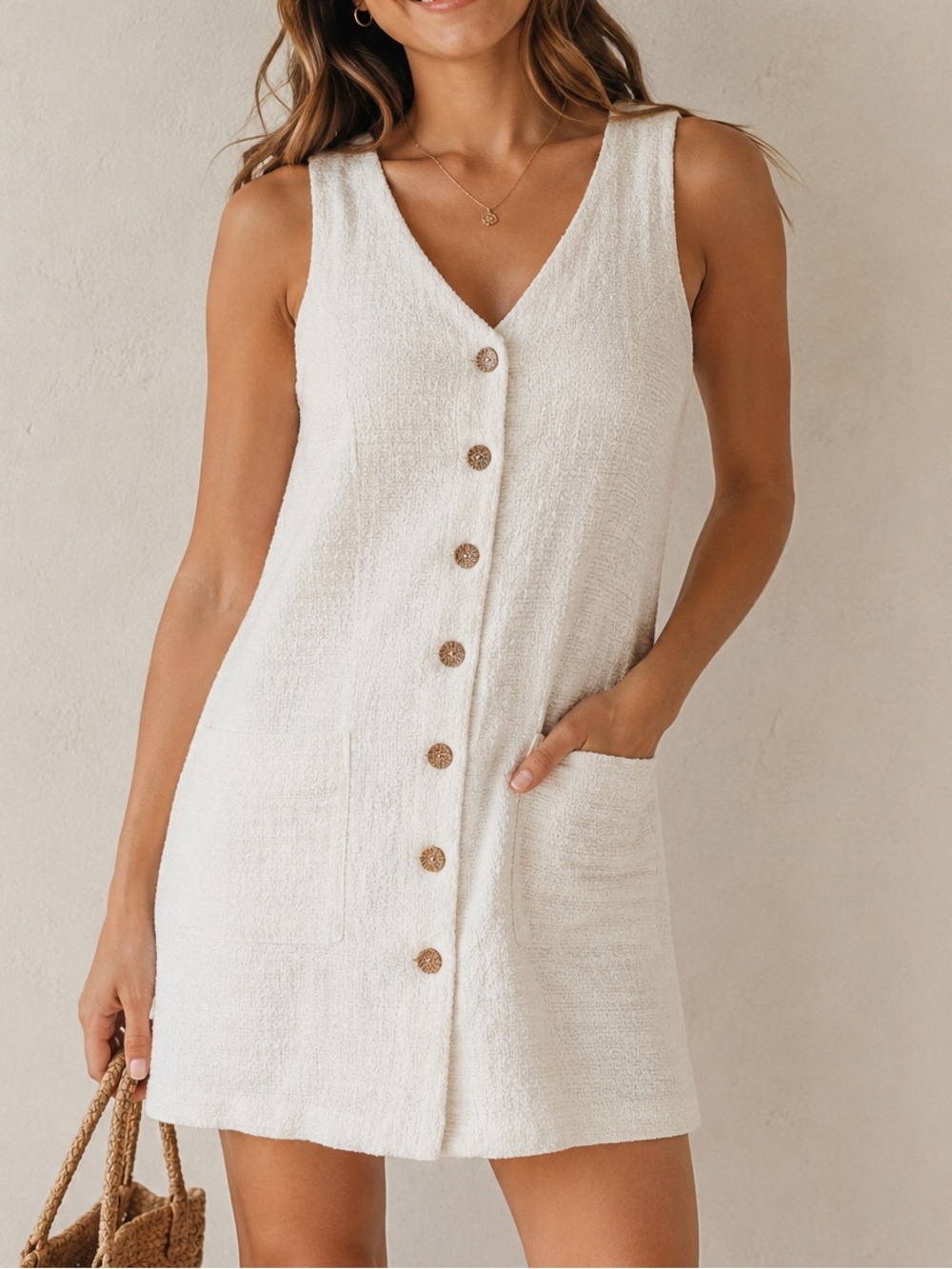 Umgee White Textured Sleeveless Shift Mini Dress NWT L Coastal Chic